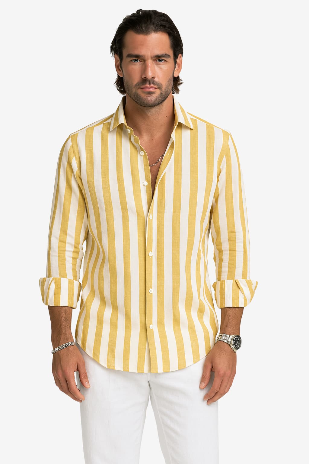 Men’s Long Sleeve Linen Shirt Striped Summer Casual Fit