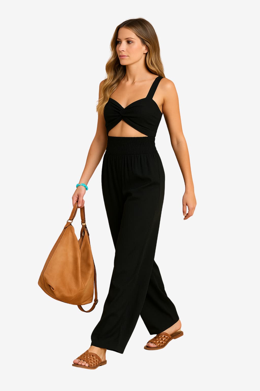 Women’s Wide Leg Linen Trousers - Elastic Waist Summer Fit