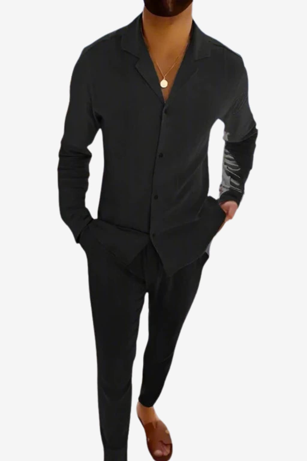 Men's Linen Long - Sleeve Shirt &amp; Trousers Set Relaxed Fit