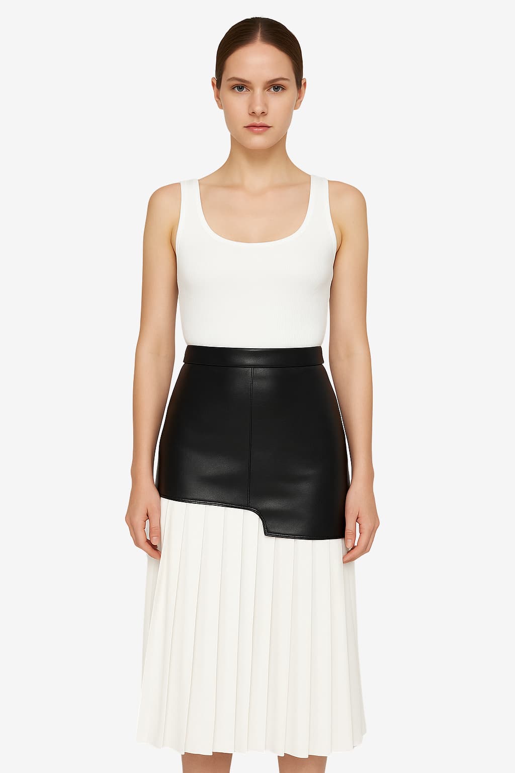 Women's Faux Leather Pleated Midi Skirt Black White High Waist