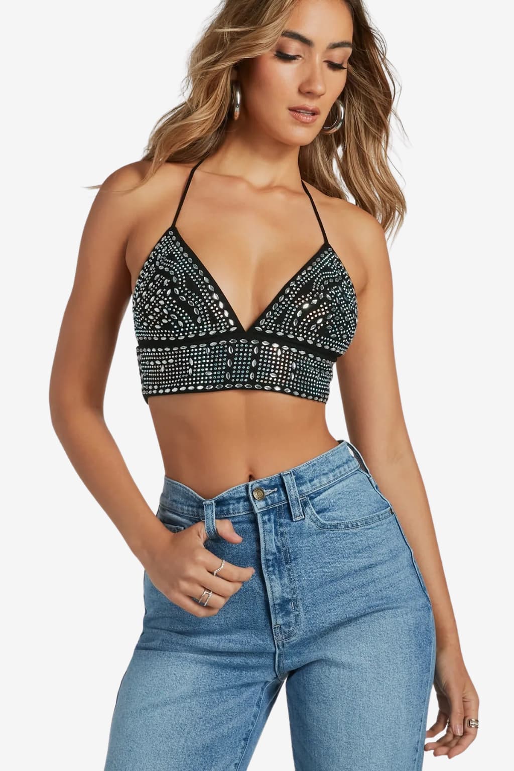 Women's Black Rhinestone Halter Crop Top
