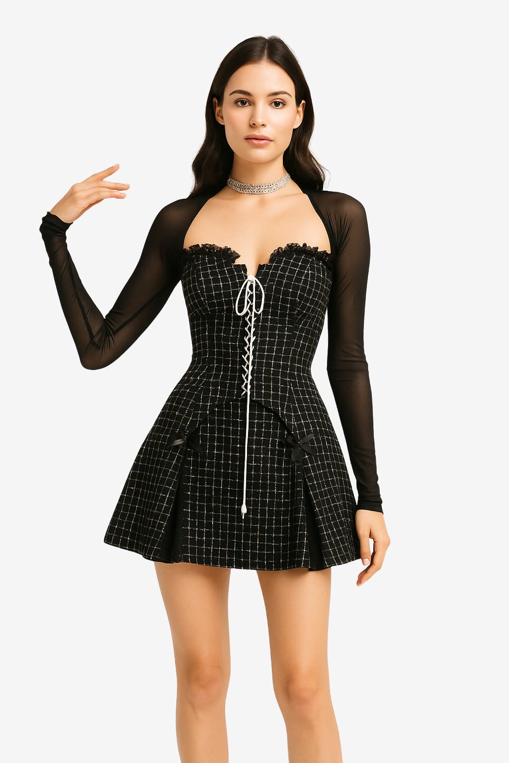 Women's Gothic Mini Dress with Sheer Sleeves &amp; Corset Lace-Up