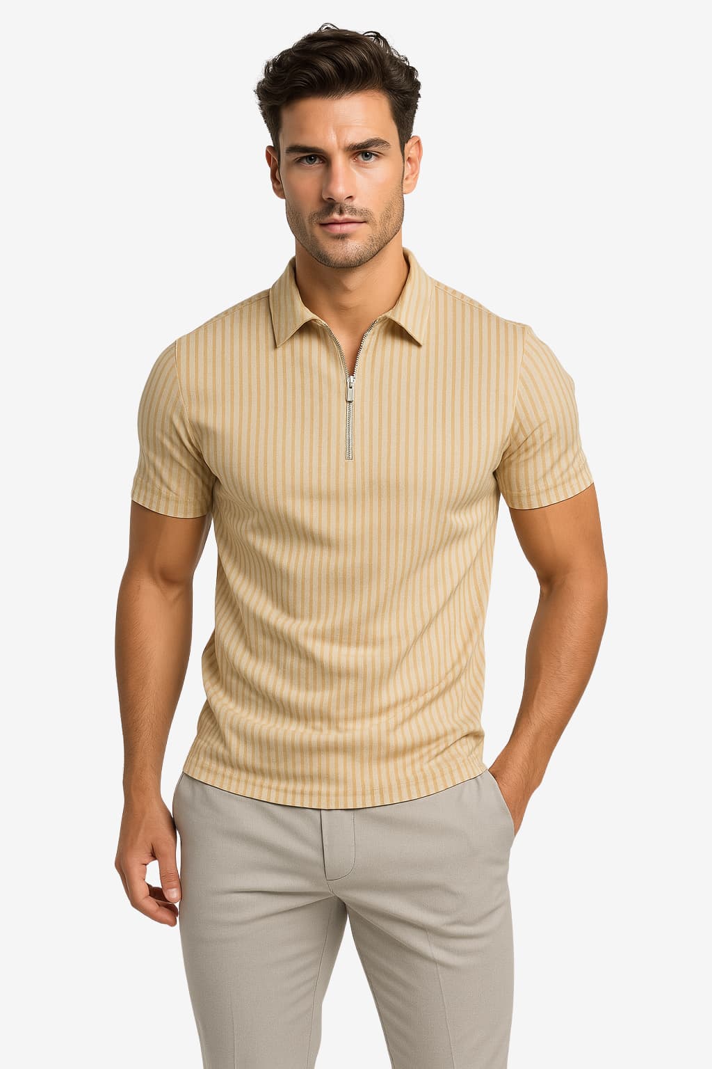 Men’s Zip Polo Shirt Short Sleeve Muscle Fit Top