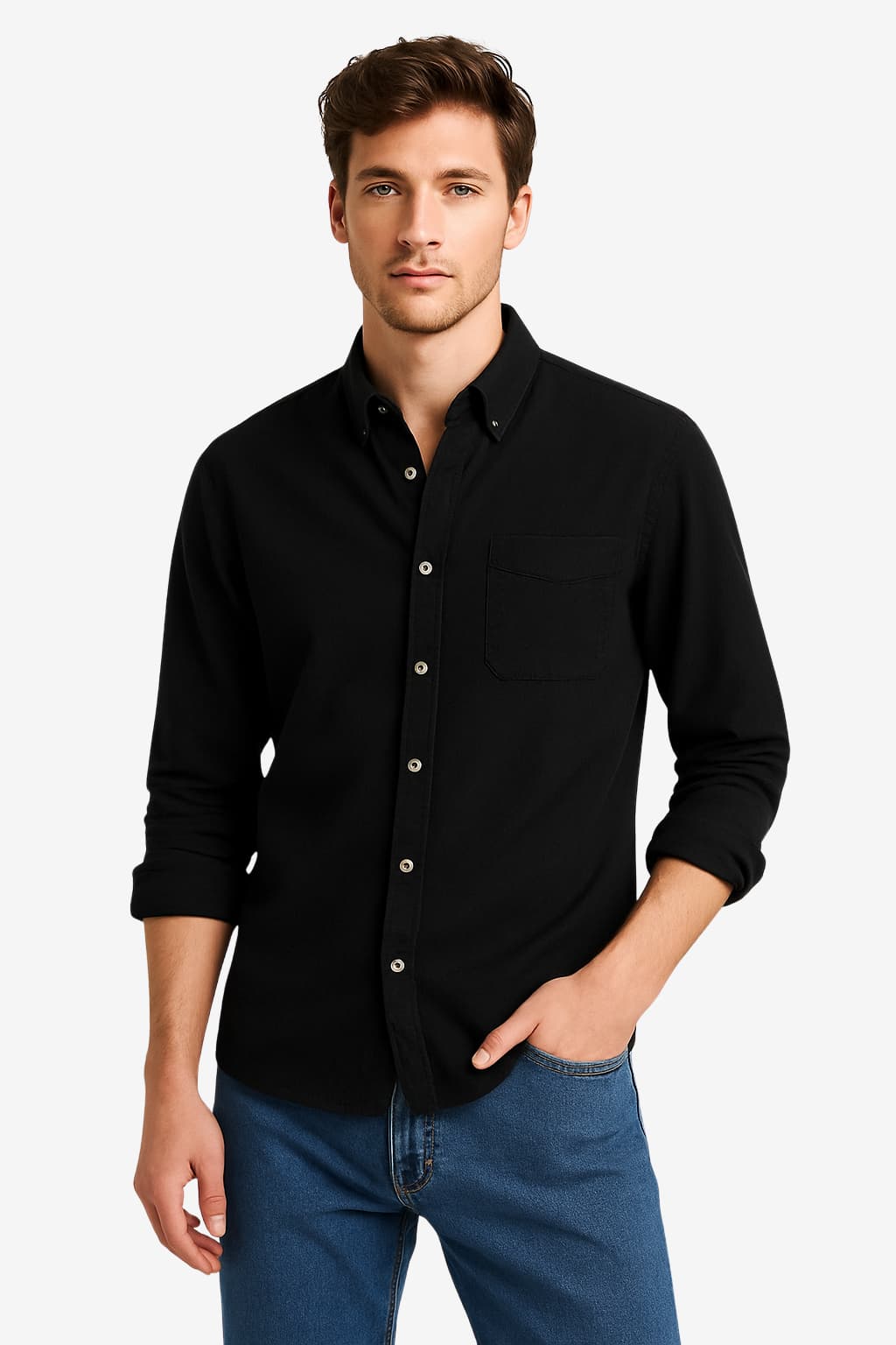 Men’s Long Sleeve Denim Shirt Casual Button-Up Top