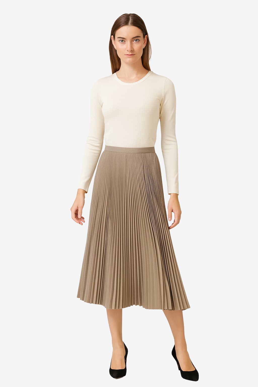 Women’s Pleated Midi Skirt High Waist Beige Elastic