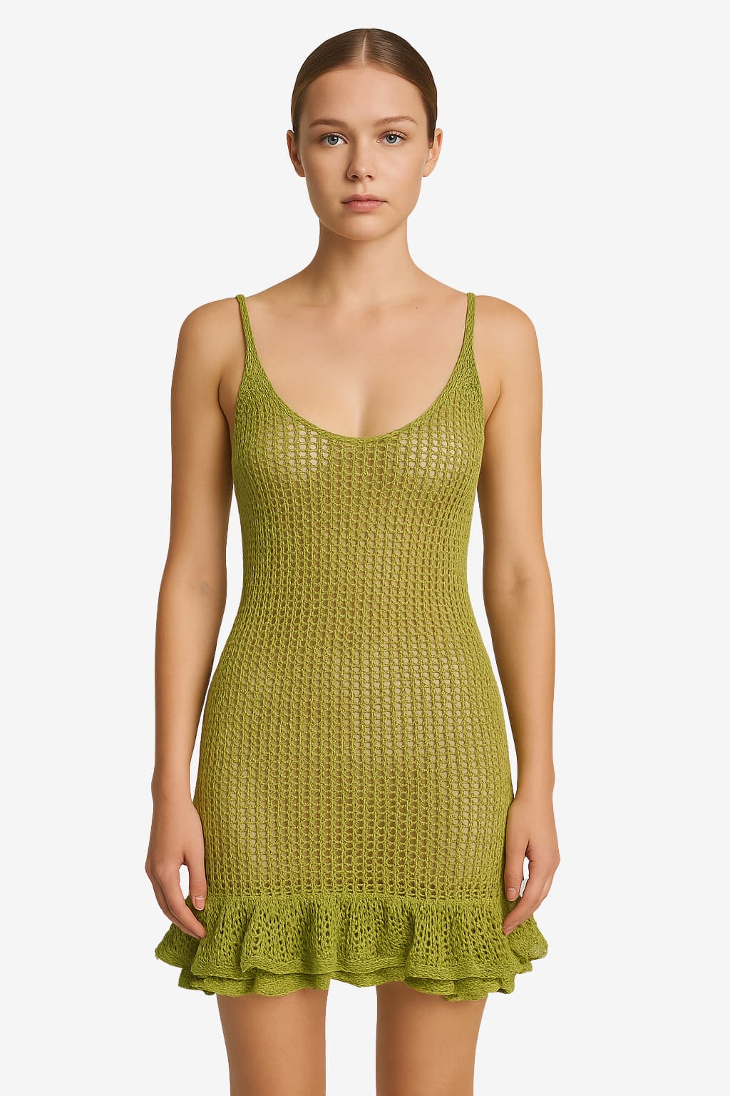 Women's Crochet Mini Dress V-Neck Ruffle Hem Slim Fit