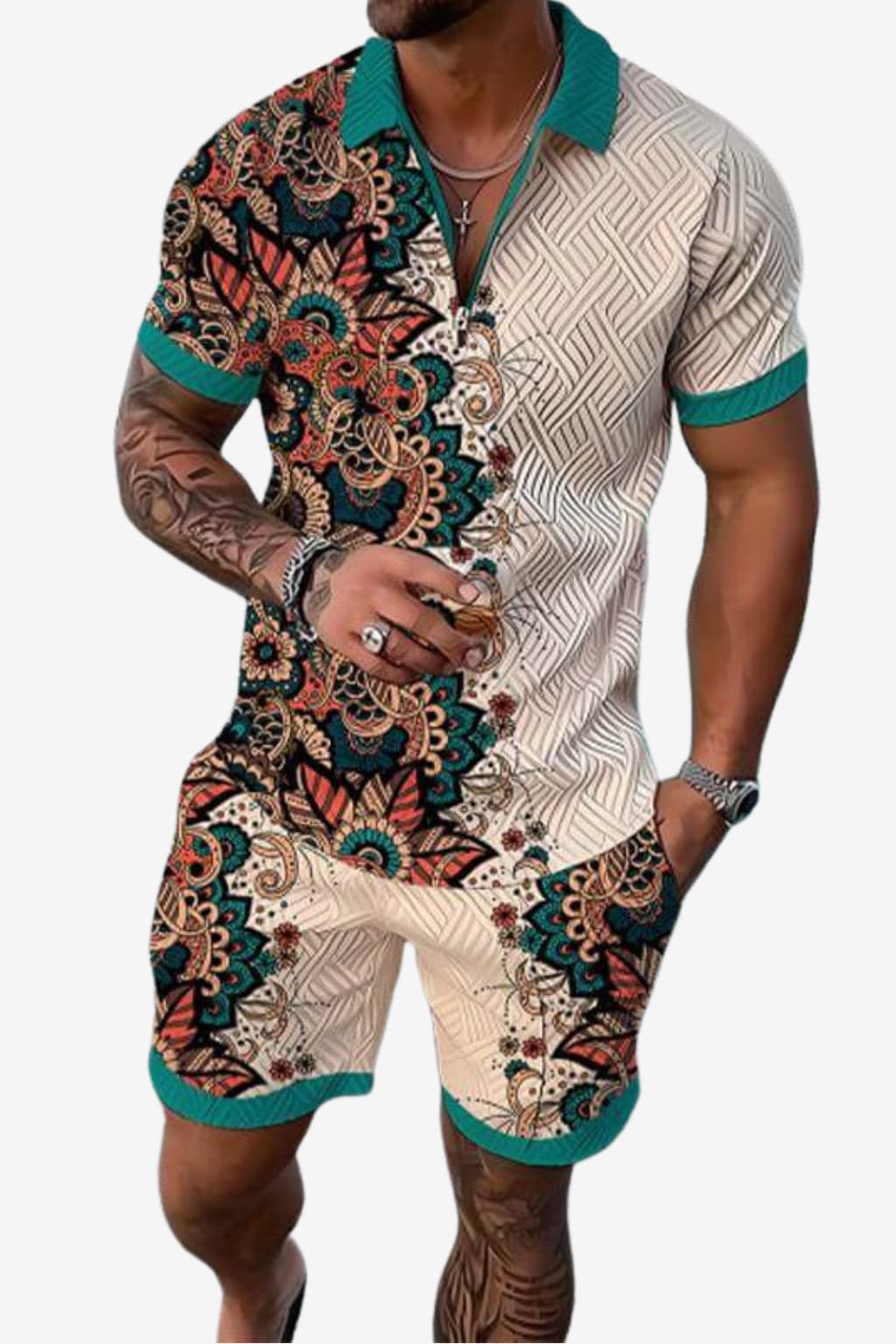 Men’s Summer Two-Piece Shirt and Shorts Set Floral Print