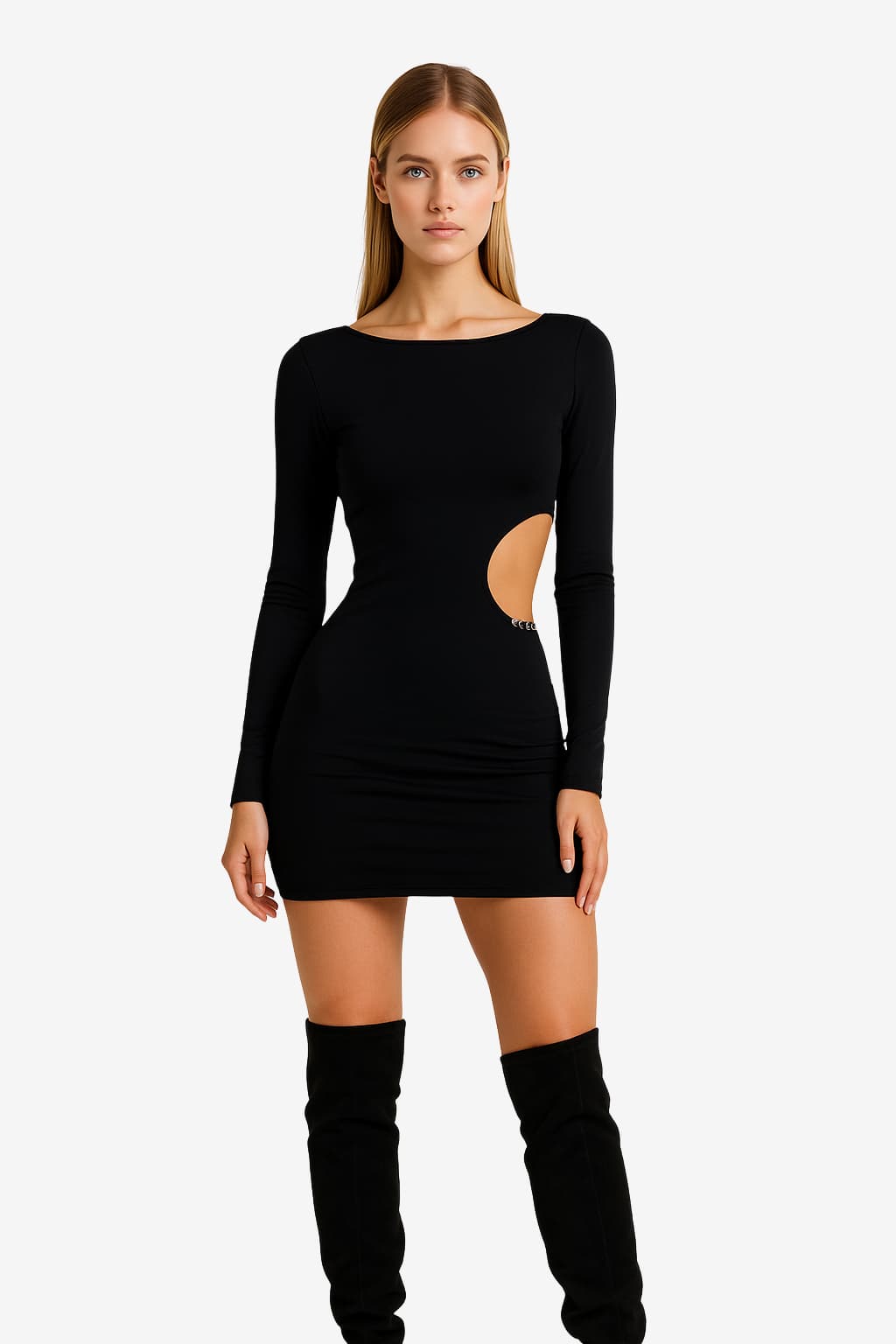 Women's Long Sleeve Bodycon Mini Dress with Side Cutout