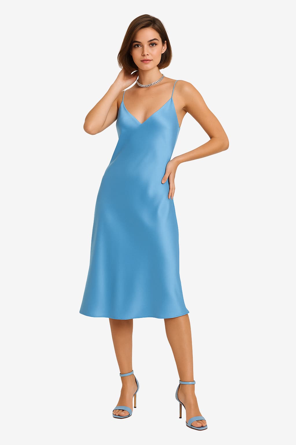 Women’s Satin Slip Dress Midi Length with V-Neck