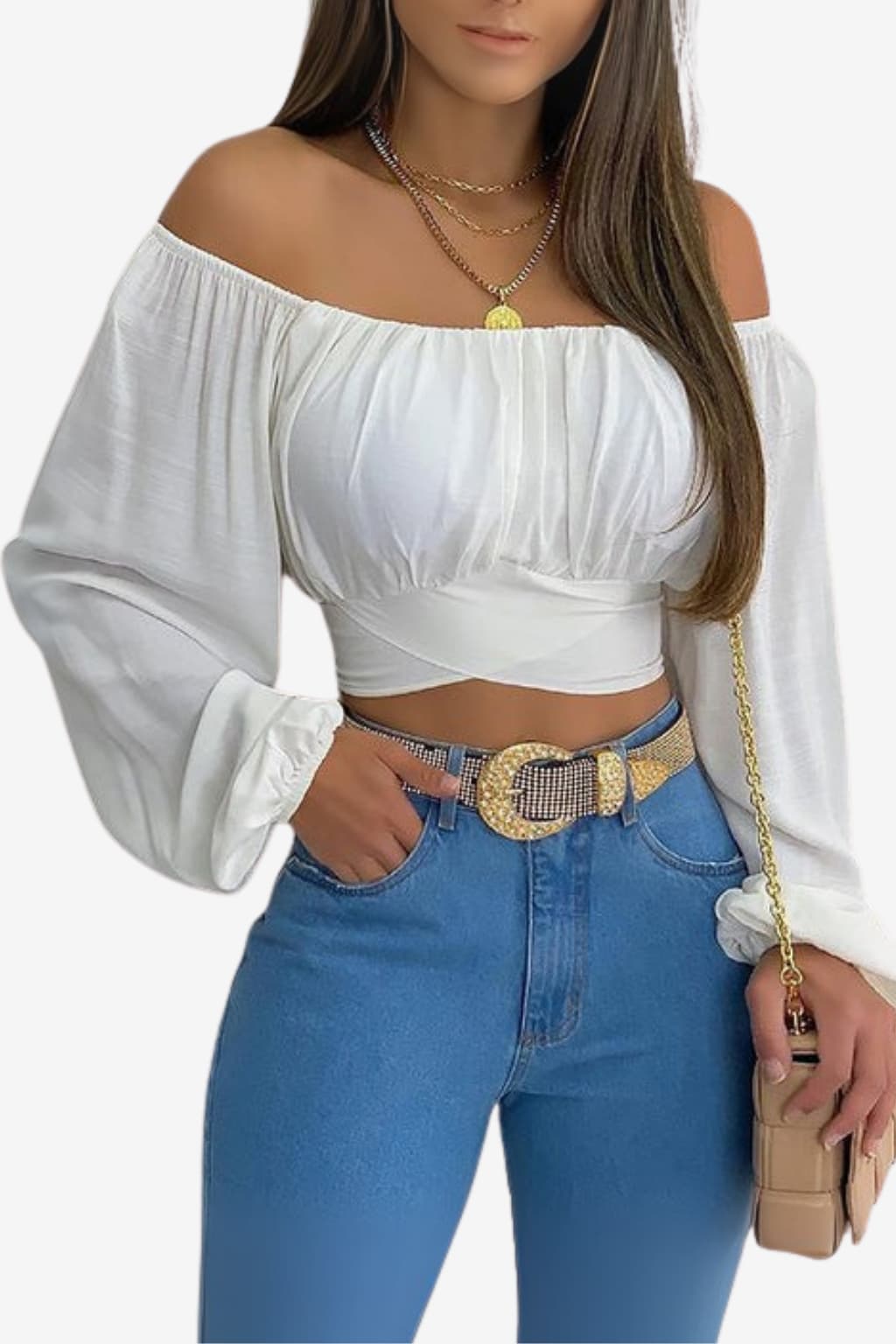 Women’s Boho Off-Shoulder Top Long Sleeve Light Blue