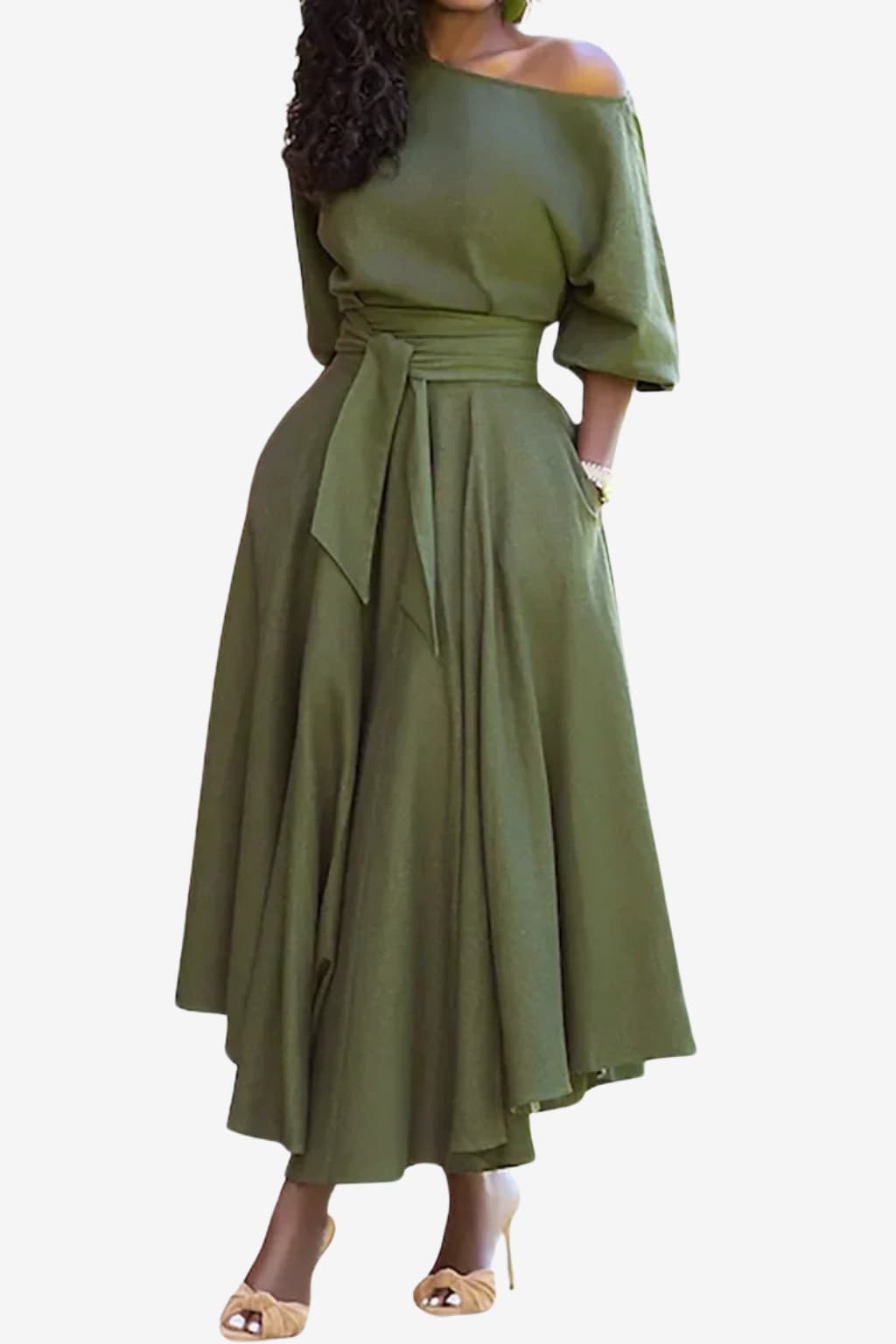 Women’s Off Shoulder Midi Dress Flared Skirt Belted