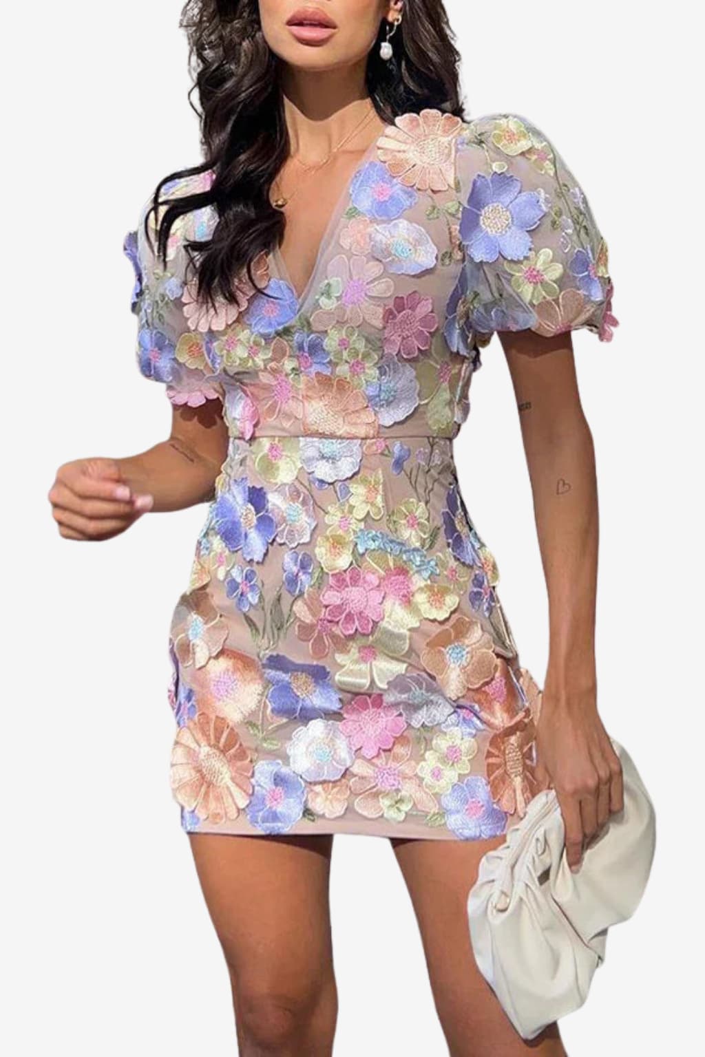 Women’s Puff Sleeve Mini Dress Floral V-Neck Fit