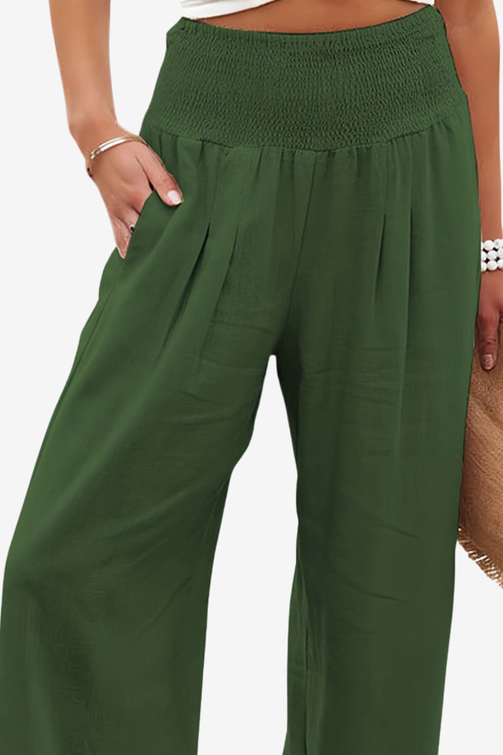 Women’s Wide Leg Linen Trousers - Elastic Waist Summer Fit