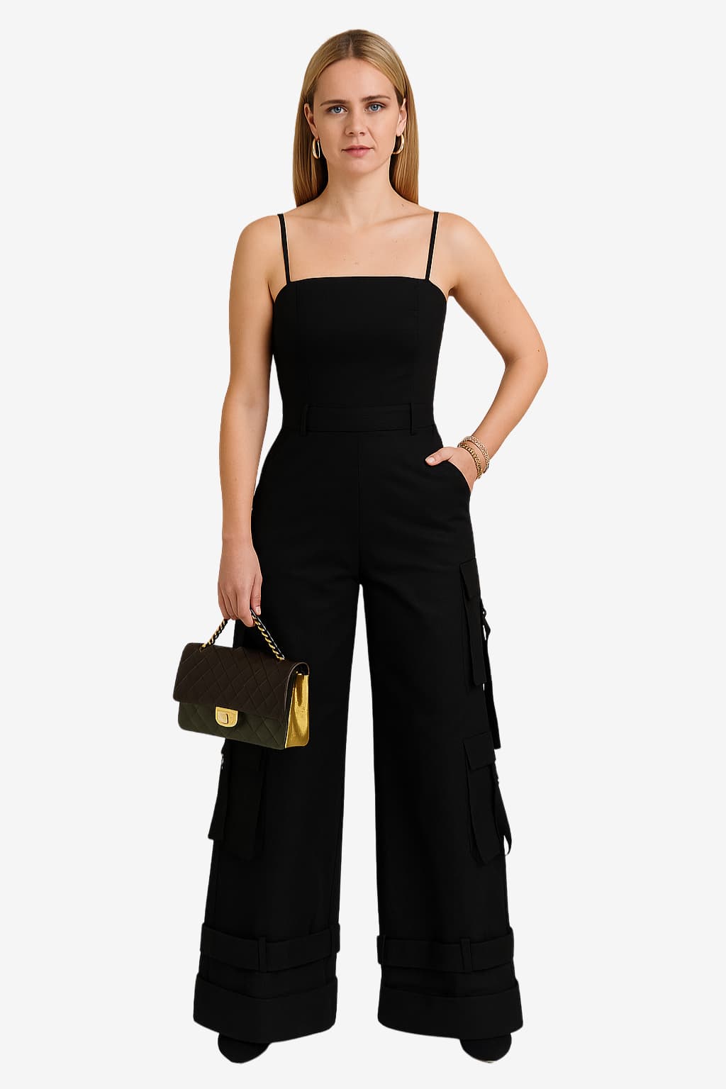 Women's Wide-Leg Cargo Jumpsuit with Spaghetti Straps