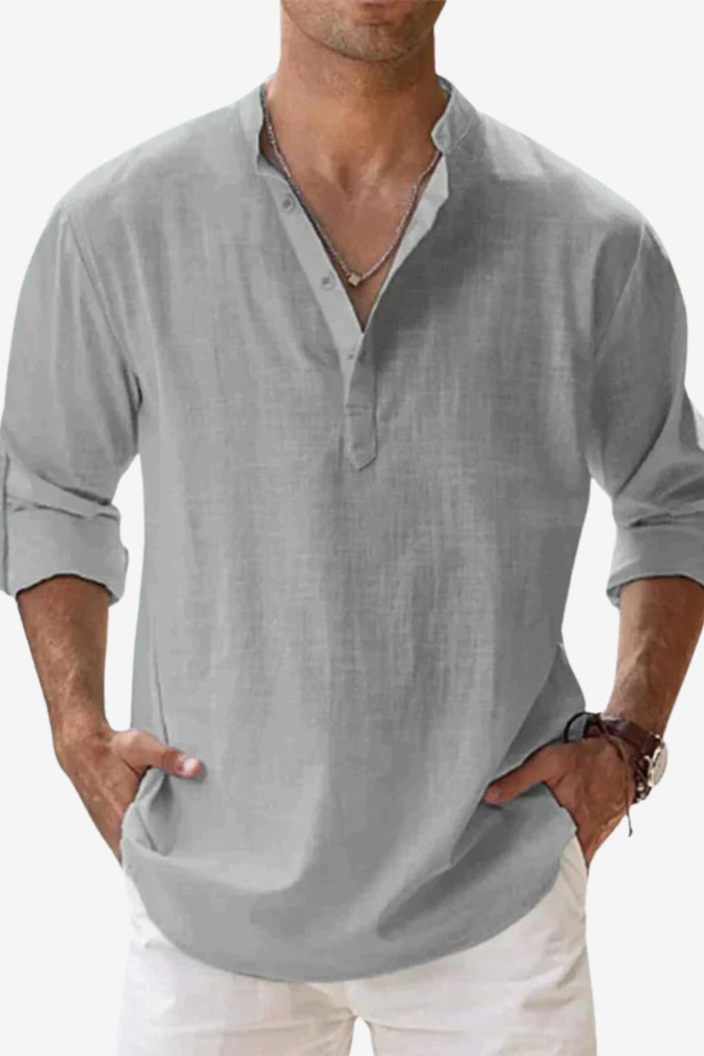 Men's Long - Sleeve Henley Shirt Purple Mandarin Collar