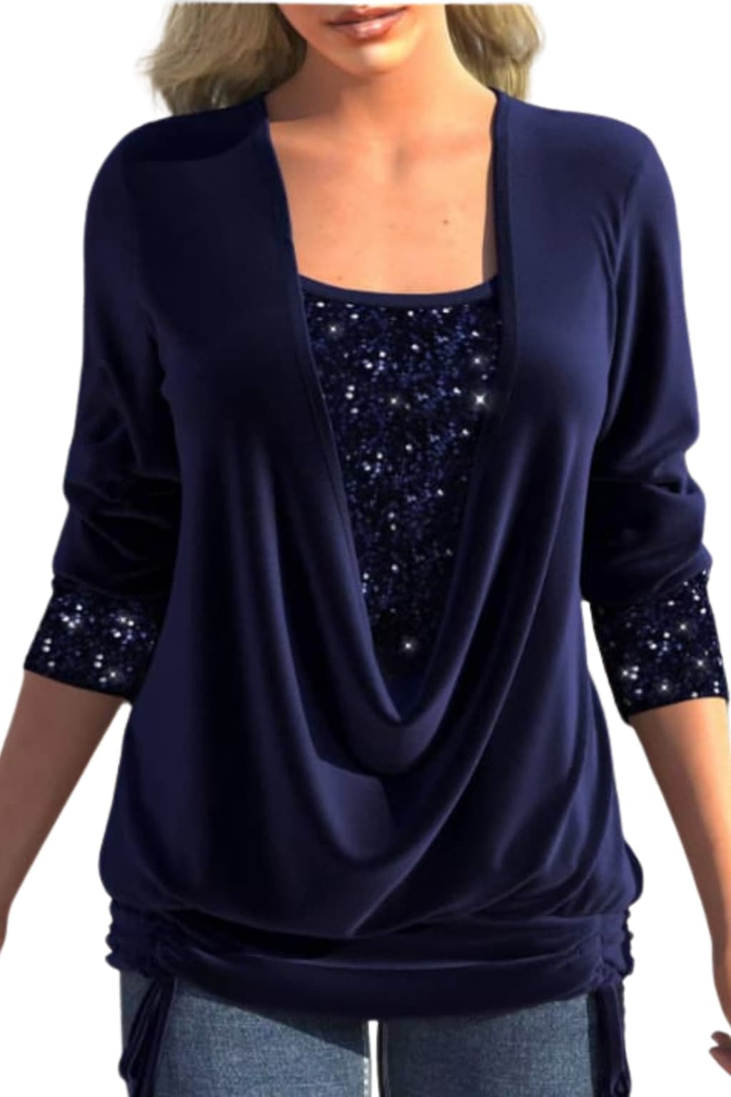 Women's Elegant Sleeve Draped Neckline Sequin Blouse