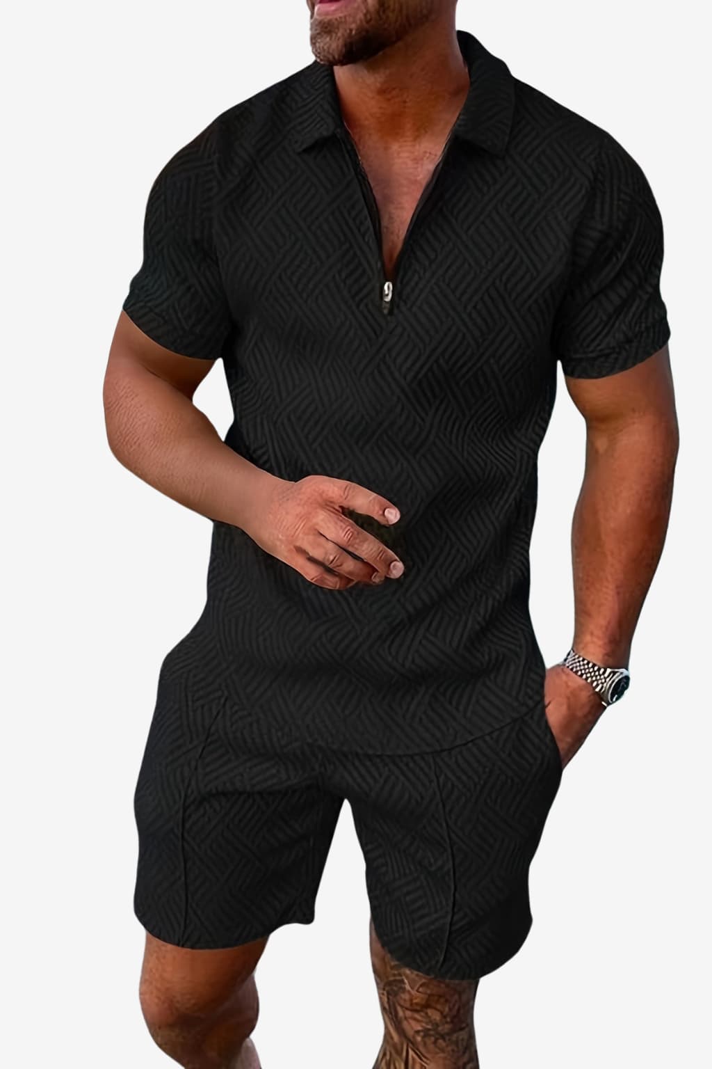 Men’s Summer Short Set Zip-Up Top Geometric Print