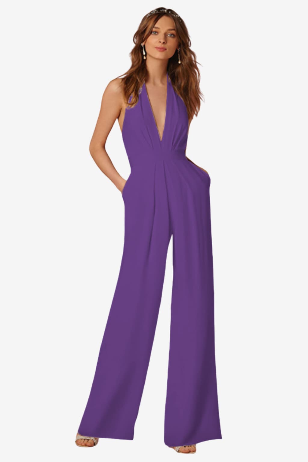 Women's Halter Neck Wide Leg Jumpsuit with Belt