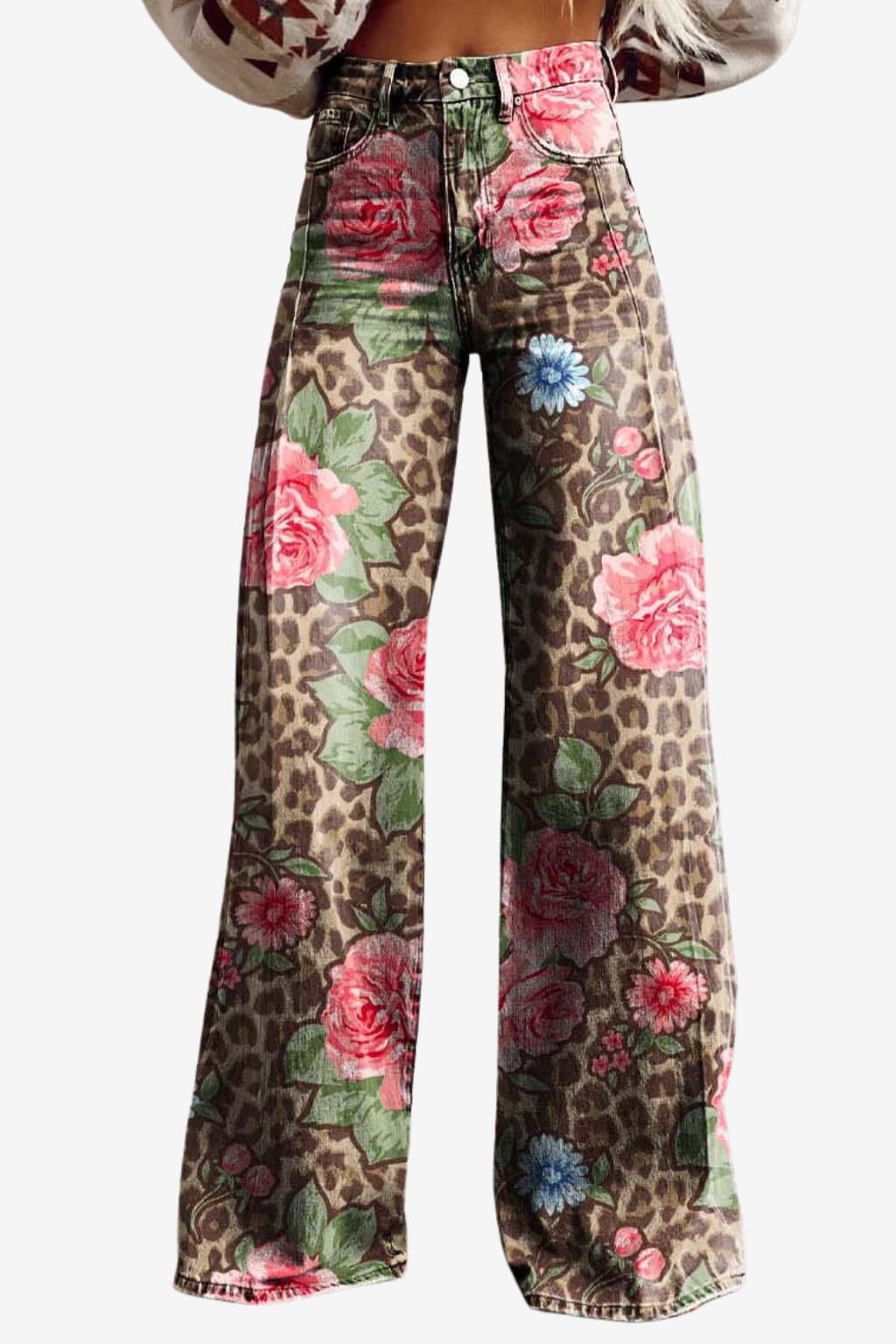 Women's Vintage Daisy Print Wide-Leg Trousers High-Waisted