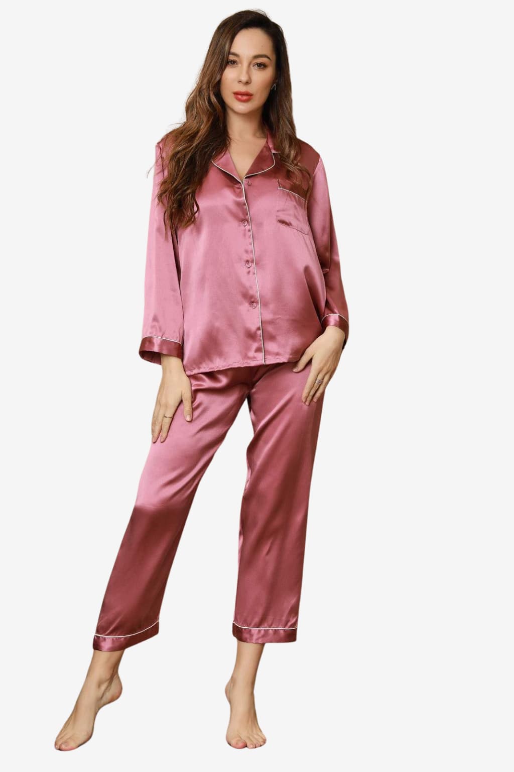 Women's Satin Long-Sleeve Pyjama Set with Piping