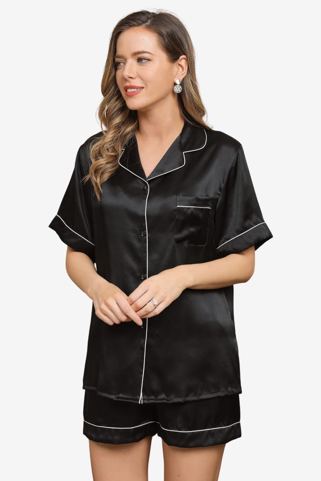 Women's Satin Short-Sleeve Pyjama Set with Notched Collar
