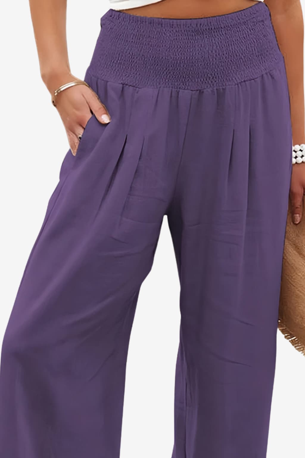 Women’s Wide Leg Linen Trousers - Elastic Waist Summer Fit