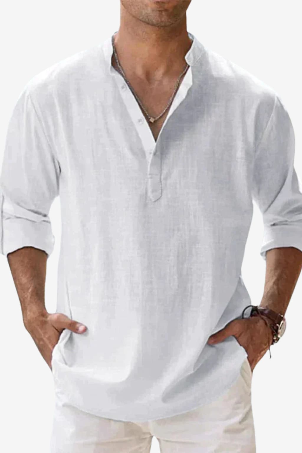 Men's Long - Sleeve Henley Shirt Purple Mandarin Collar