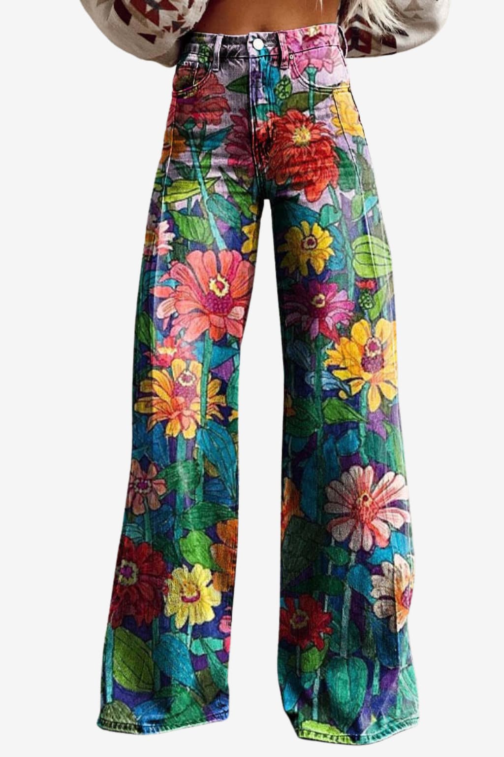 Women's Vintage Daisy Print Wide-Leg Trousers High-Waisted