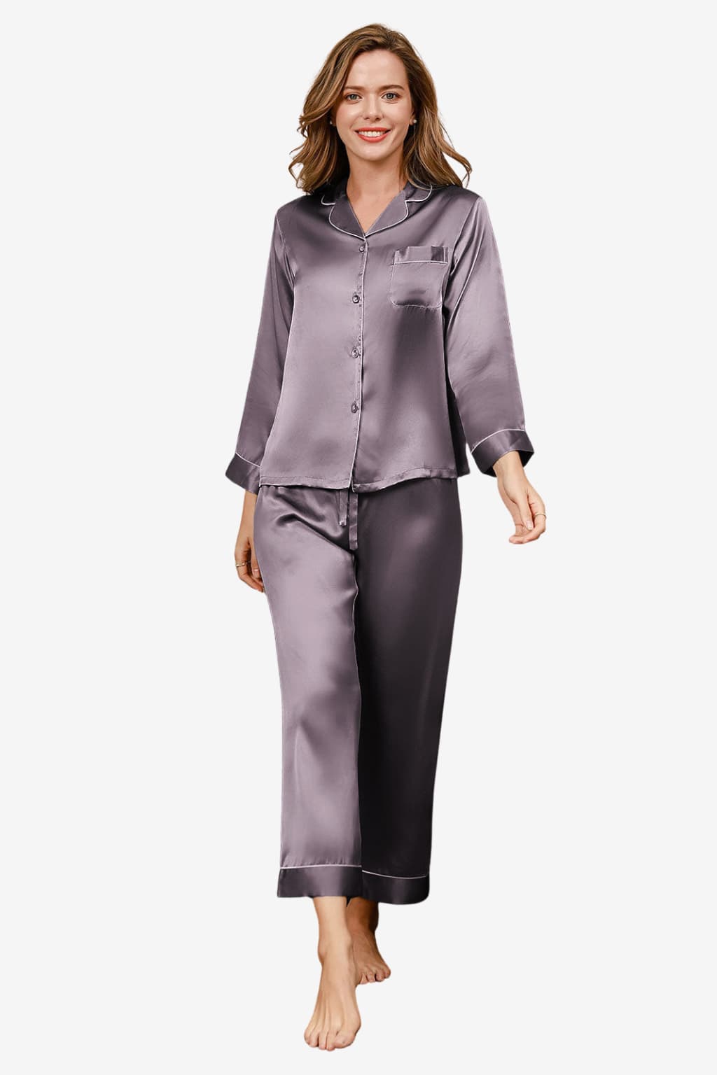 Women's Satin Long-Sleeve Pyjama Set with Piping