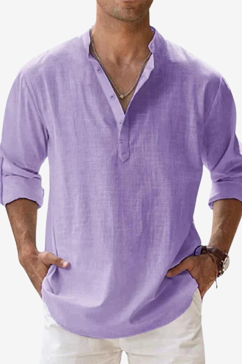 Men's Long - Sleeve Henley Shirt Purple Mandarin Collar