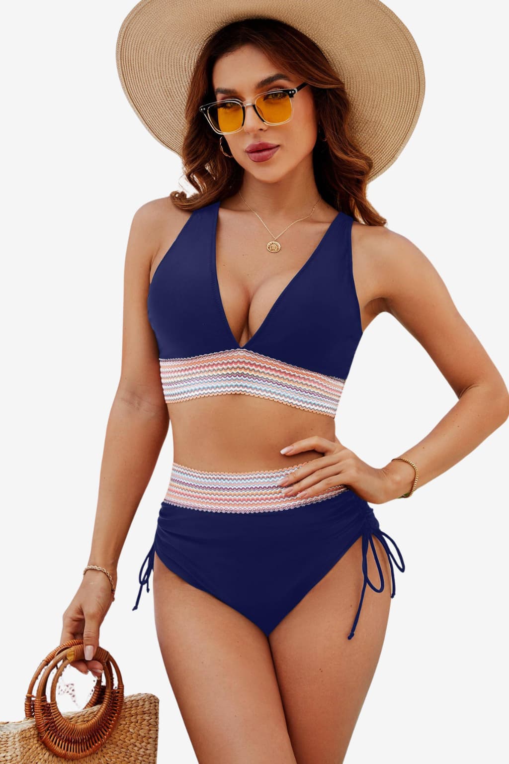 Women's High-Waisted Halter Bikini Set with Striped Detail