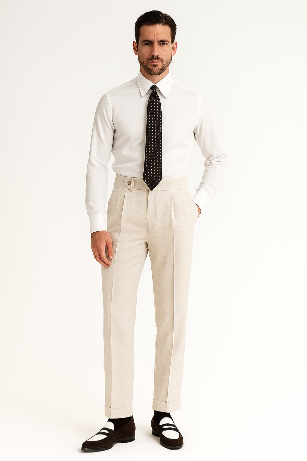 Men's High-Waisted Pleated Wool Trousers
