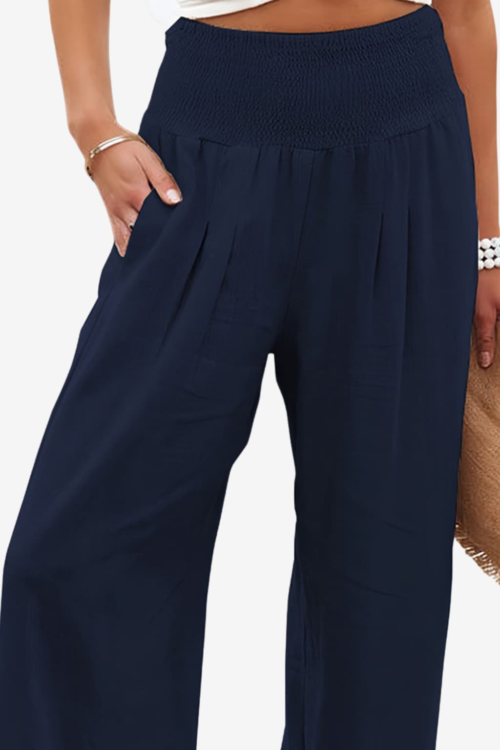 Women’s Wide Leg Linen Trousers - Elastic Waist Summer Fit