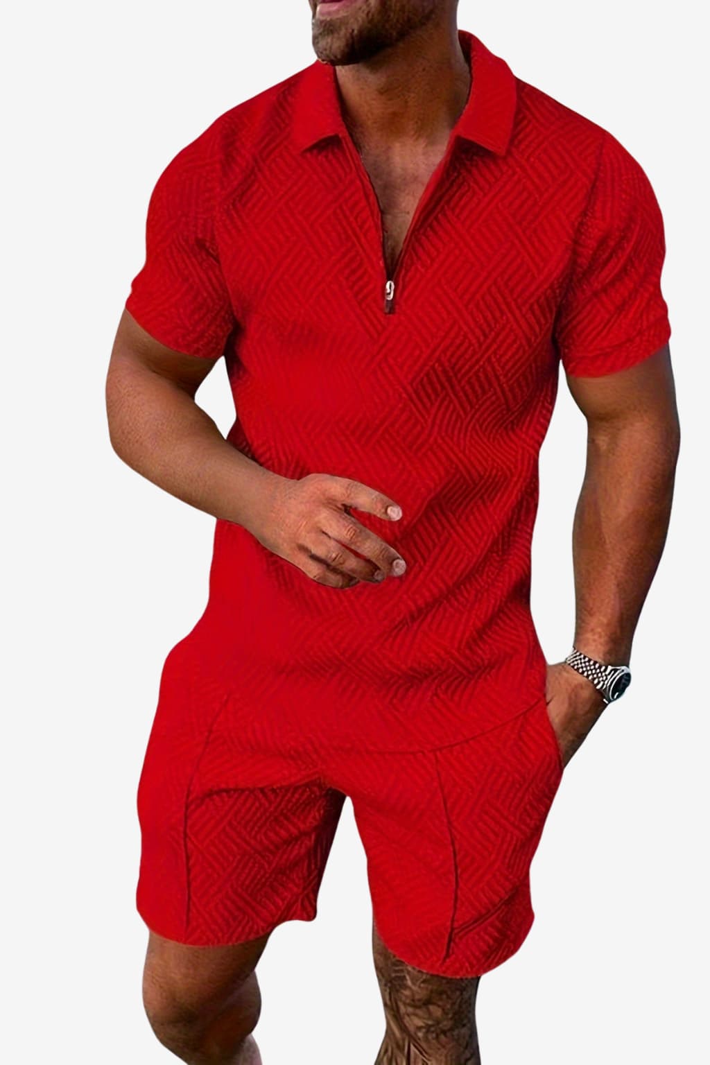 Men’s Summer Short Set Zip-Up Top Geometric Print