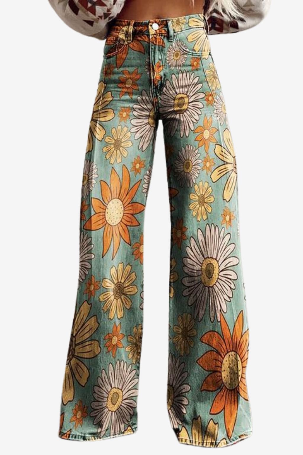 Women's Vintage Daisy Print Wide-Leg Trousers High-Waisted