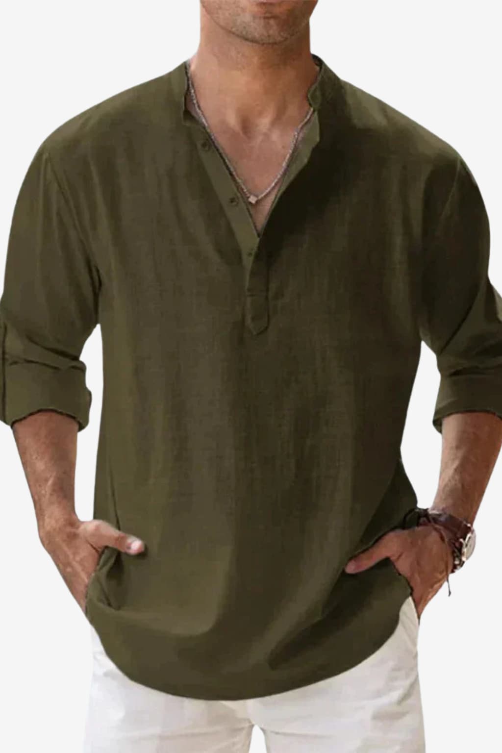 Men's Long - Sleeve Henley Shirt Purple Mandarin Collar