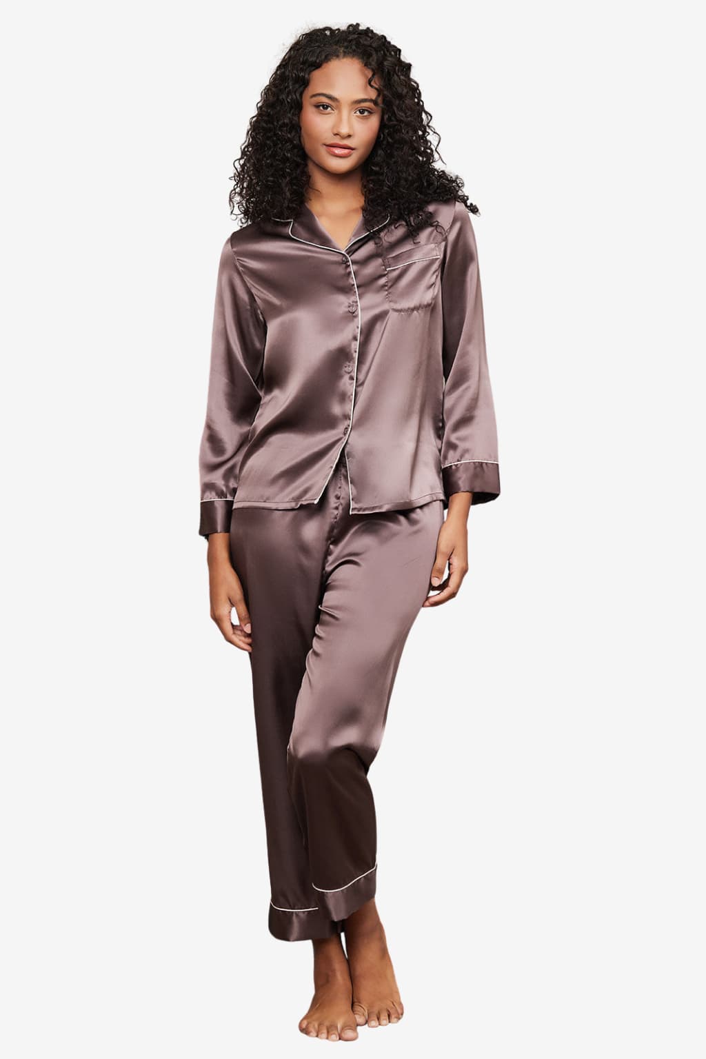 Women's Satin Long-Sleeve Pyjama Set with Piping