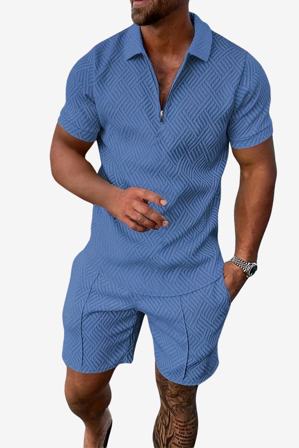 Men’s Summer Short Set Zip-Up Top Geometric Print