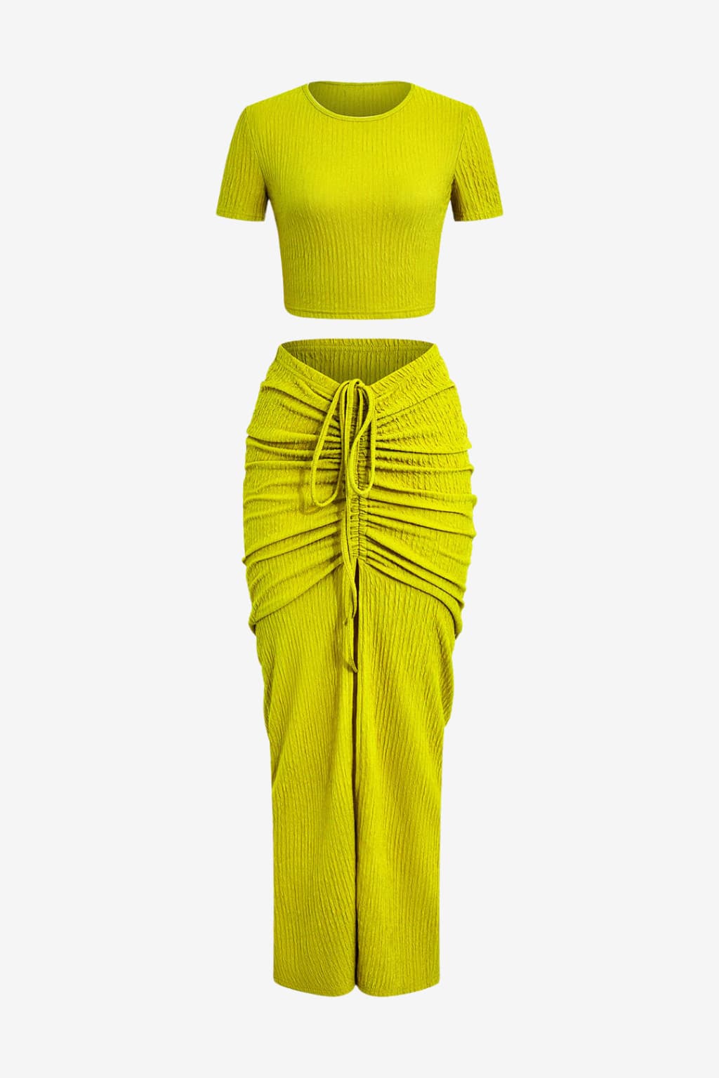 Women's Chartreuse Ribbed Crop Top &amp; Drawstring Midi Skirt Set