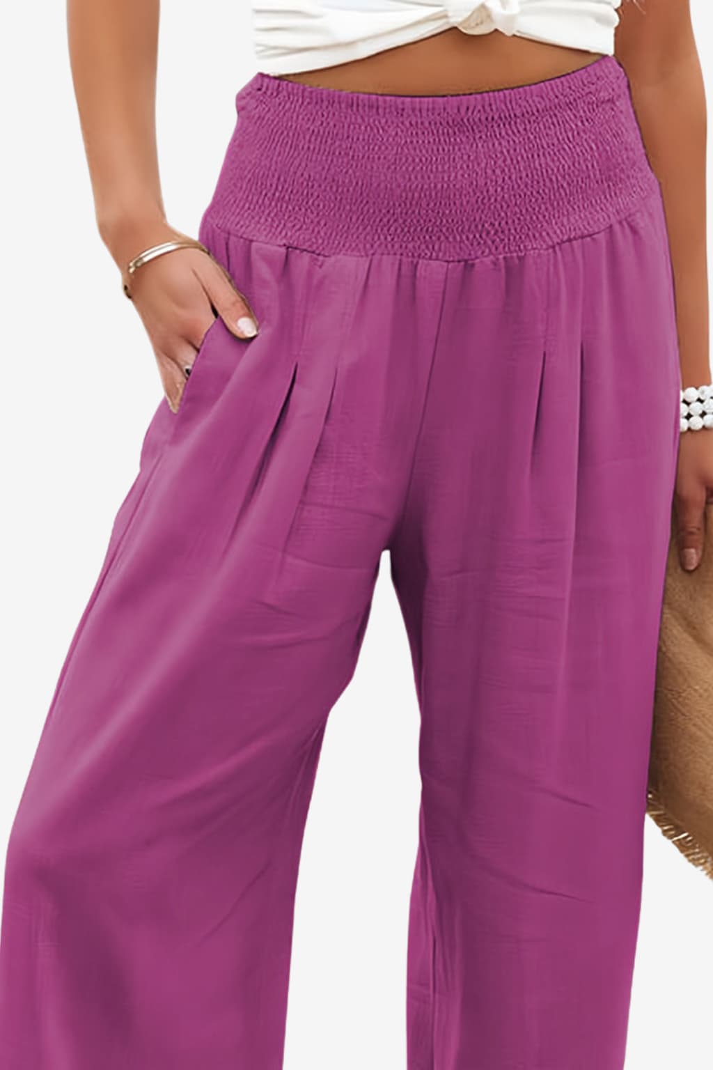 Women’s Wide Leg Linen Trousers - Elastic Waist Summer Fit