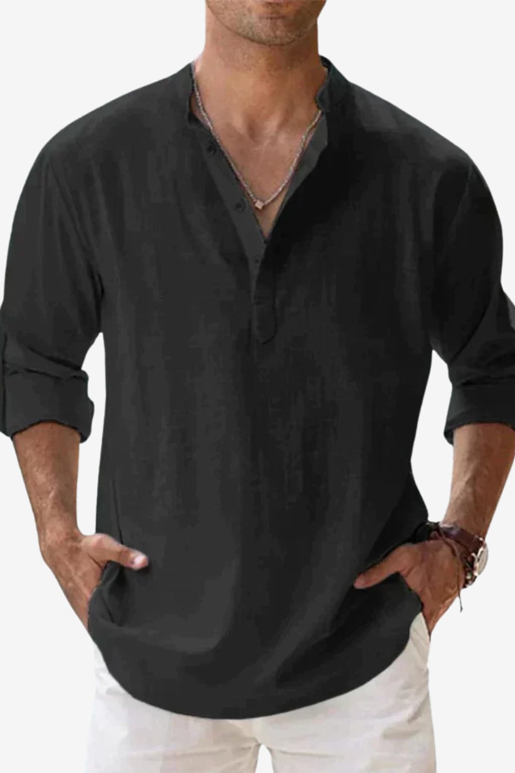 Men's Long - Sleeve Henley Shirt Purple Mandarin Collar