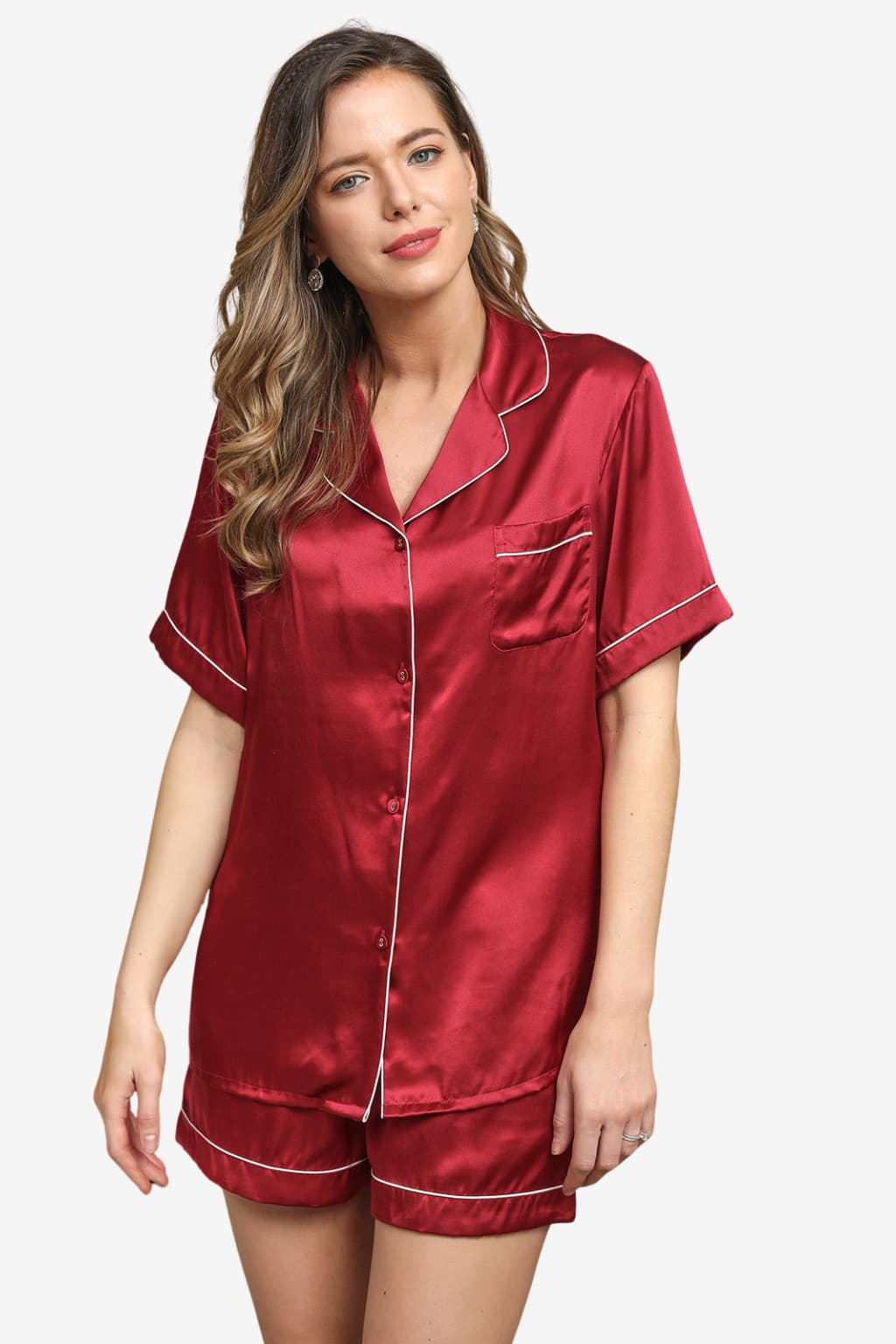 Women's Satin Short-Sleeve Pyjama Set with Notched Collar