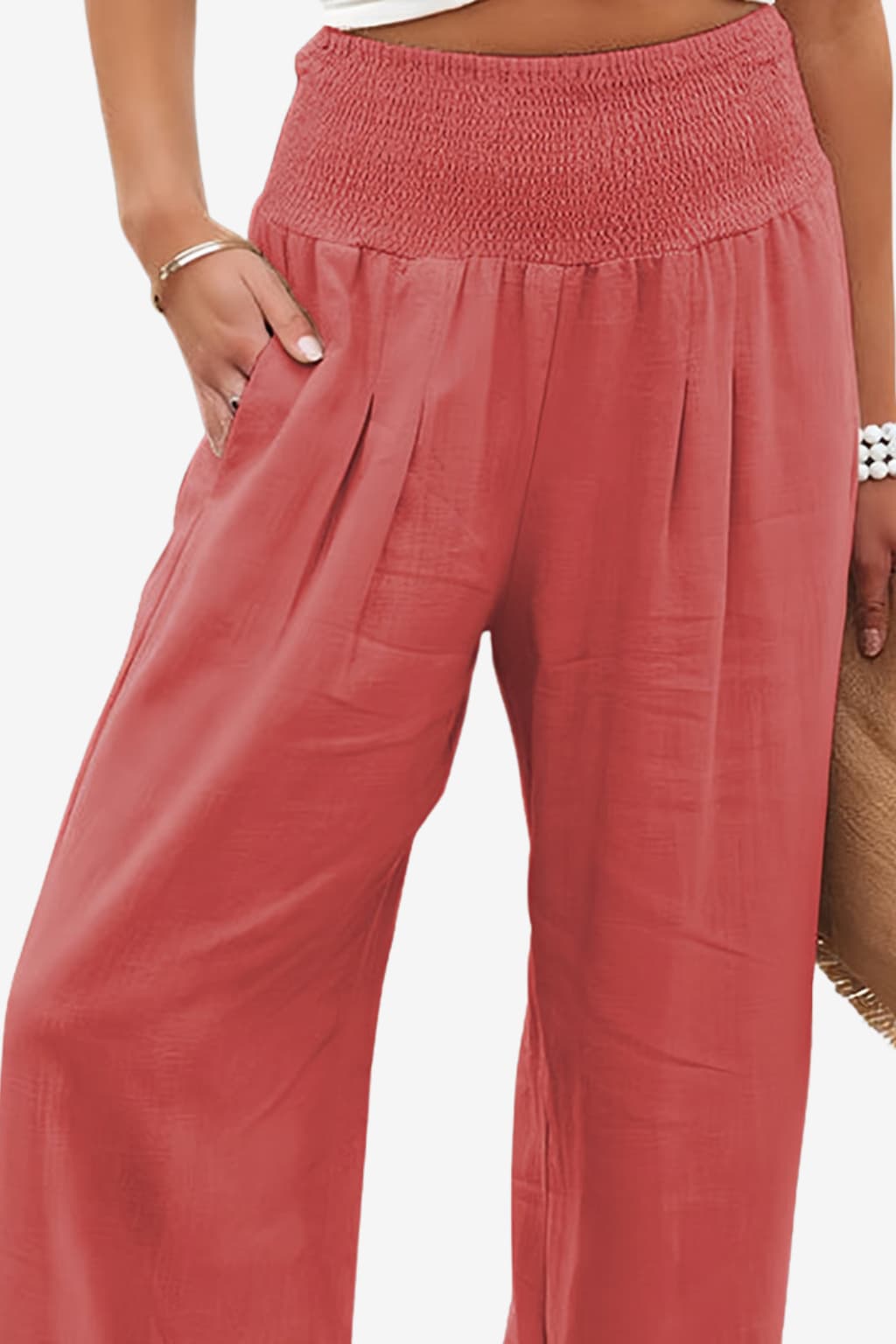 Women’s Wide Leg Linen Trousers - Elastic Waist Summer Fit