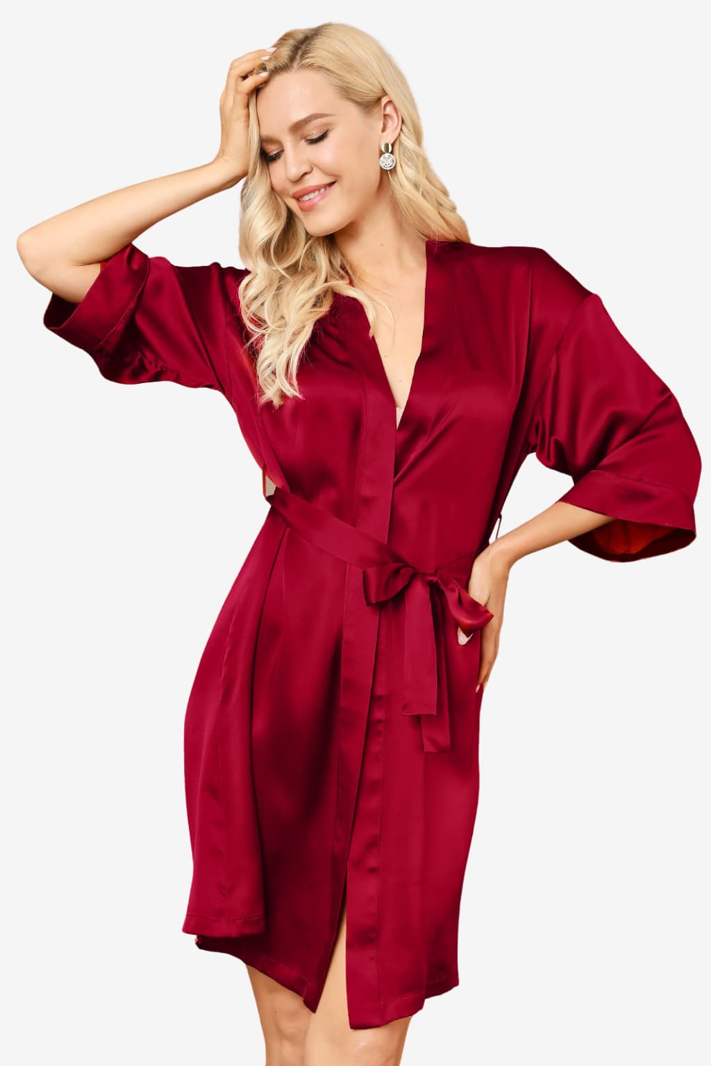 Women's Satin Short Robe with 3/4 Sleeves and Belt