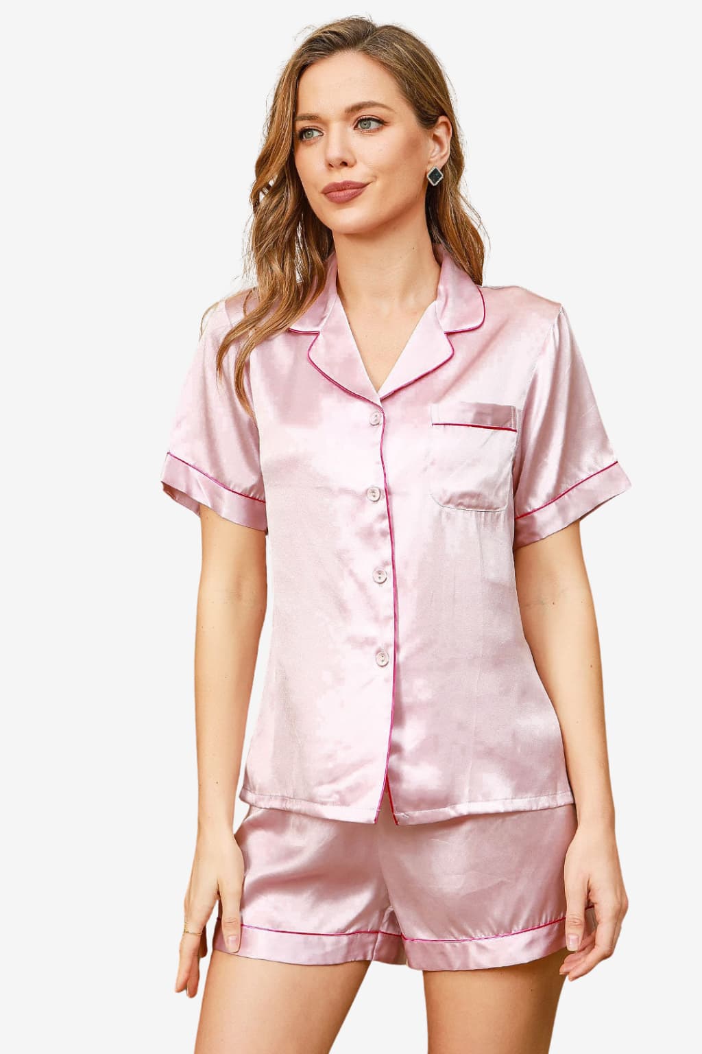Women's Satin Short-Sleeve Pyjama Set with Notched Collar