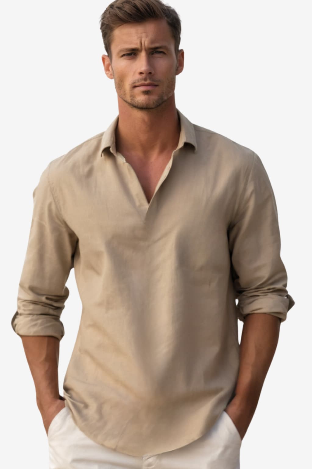 Men's Long - Sleeve Henley Shirt Purple Mandarin Collar