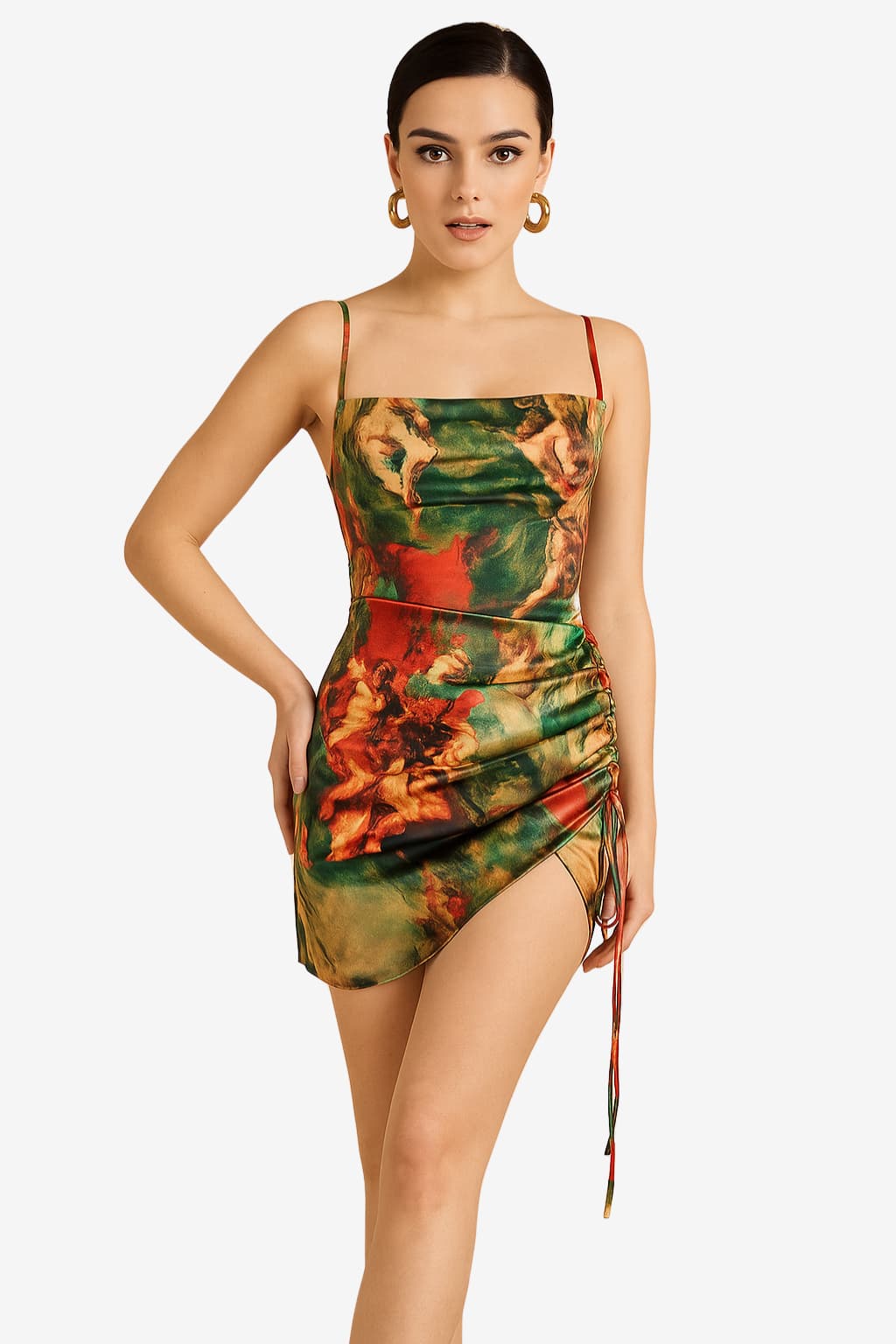 Women’s Ruched Satin Mini Dress Watercolour Print Slip