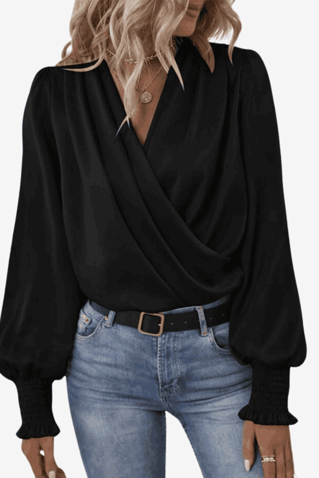 Women's Long-Sleeve Wrap Blouse - Elegant and Versatile