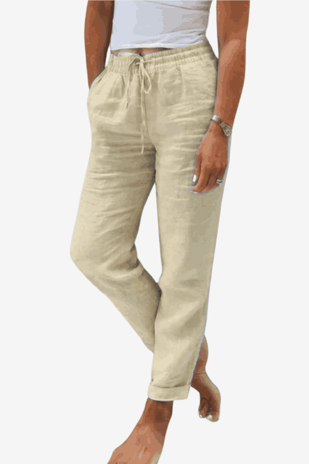 Women's Cotton Linen Relaxed-Fit Pants - Elastic Waist &amp; Drawstring for Casual Wear