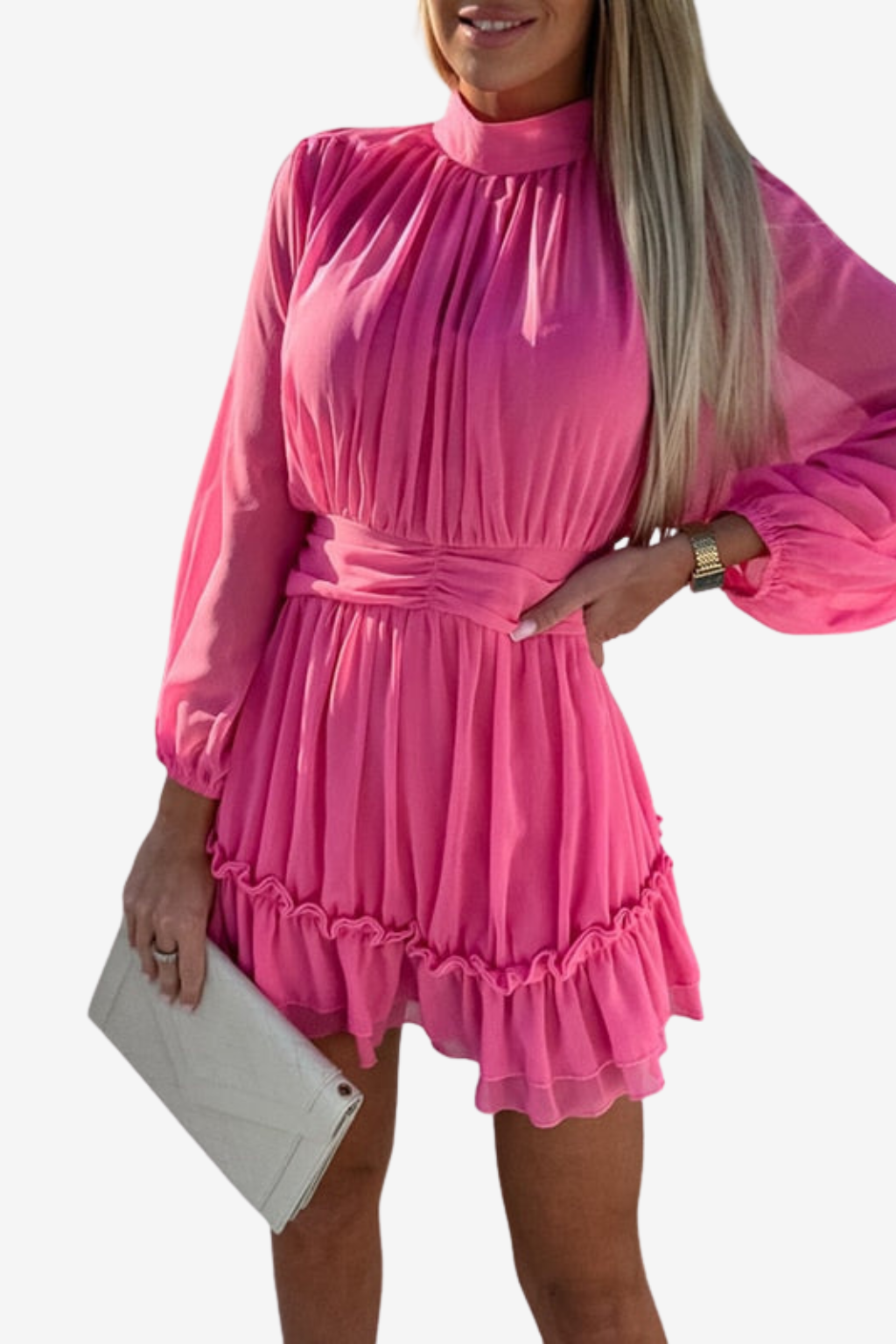 Women’s Pleated Mini Dress Long Sleeve Ruffle Hem